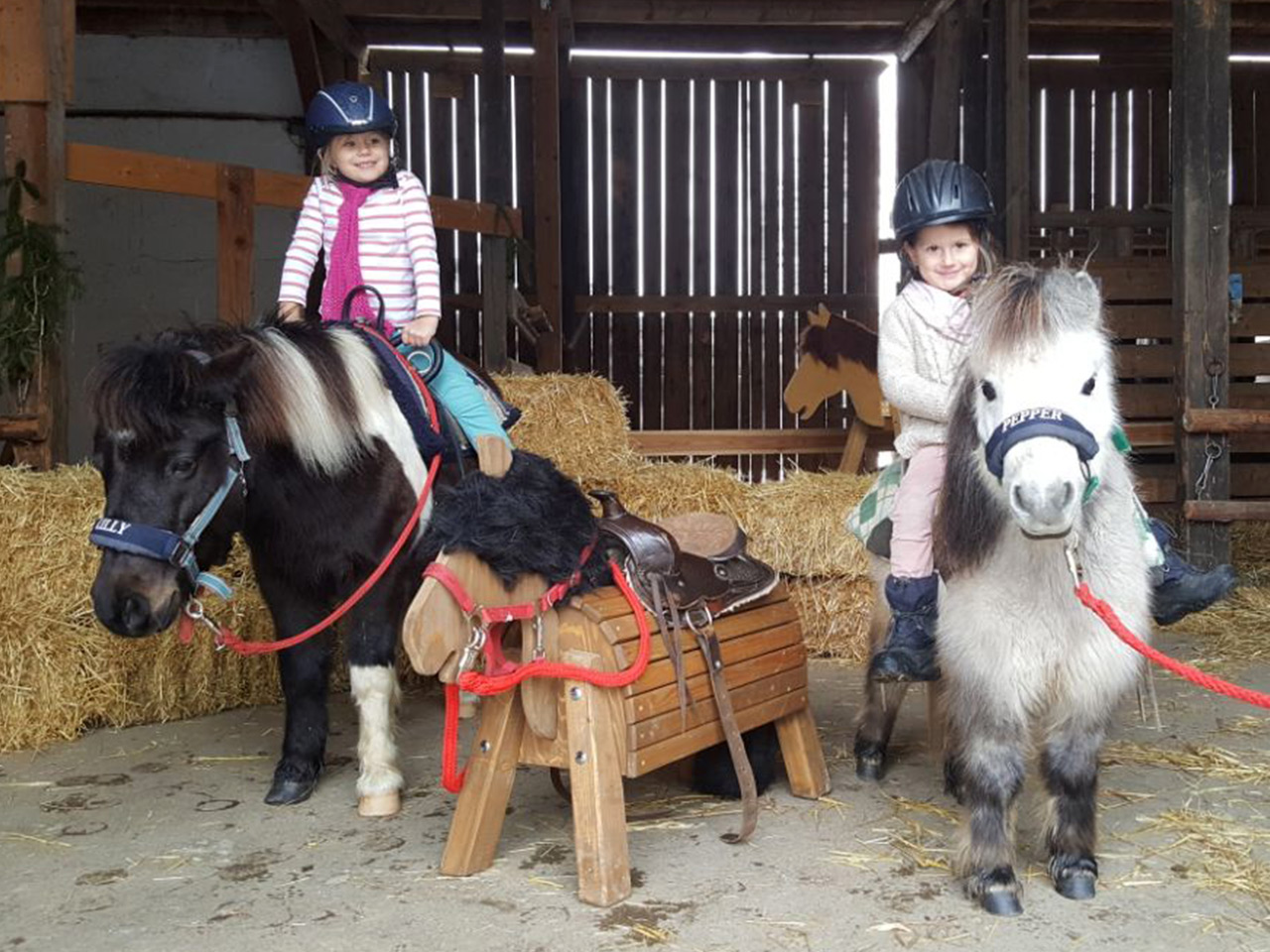 Emma und Maxi mit Ponys "Lilly" und "Pepper"